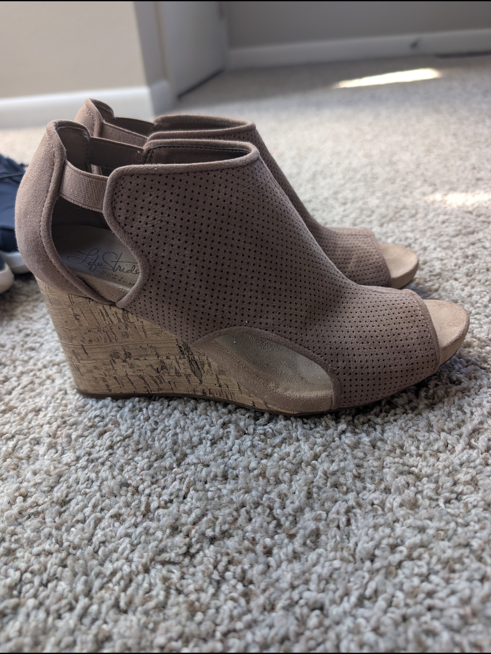 Life Stride Taupe Perforated Peep-Toe Mules